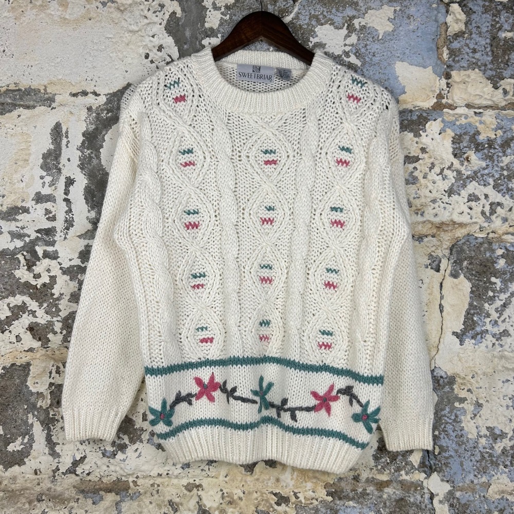 Vintage Sweetbriar Cable Knit Sweater Cream Floral Medium